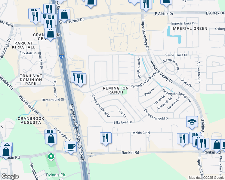 map of restaurants, bars, coffee shops, grocery stores, and more near 414 Remington Ridge Drive in Houston