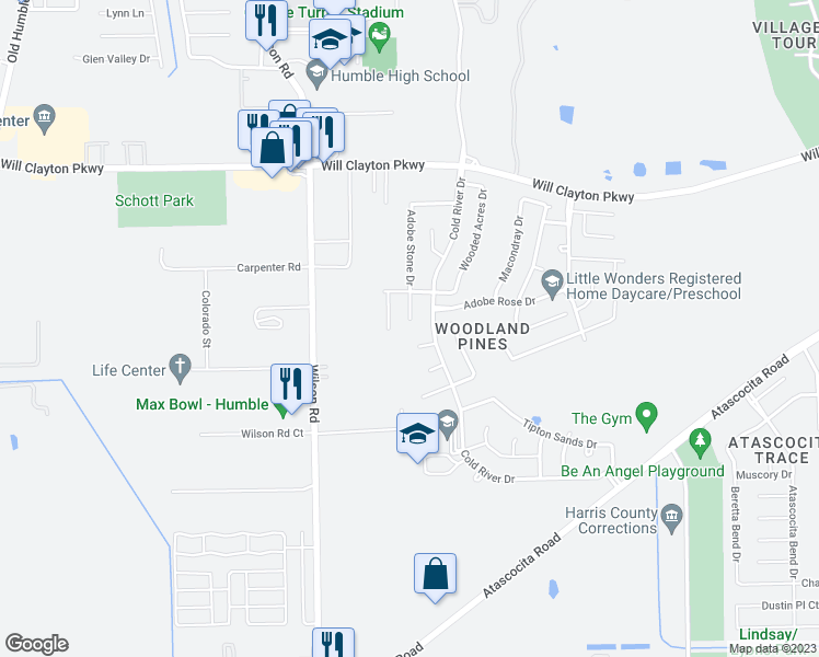 map of restaurants, bars, coffee shops, grocery stores, and more near 2042 Adobe Stone Drive in Humble