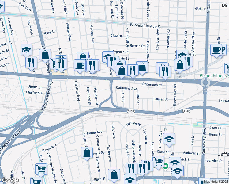 map of restaurants, bars, coffee shops, grocery stores, and more near Kingston Street in Metairie