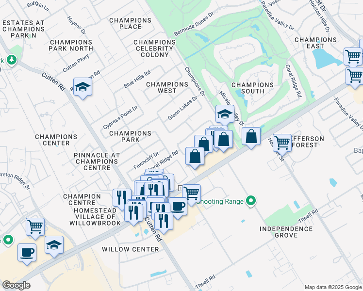 map of restaurants, bars, coffee shops, grocery stores, and more near 13211 Sea Island Drive in Houston