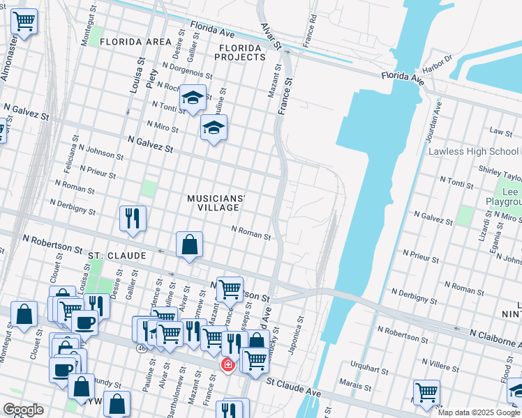 map of restaurants, bars, coffee shops, grocery stores, and more near 1832 France Street in New Orleans