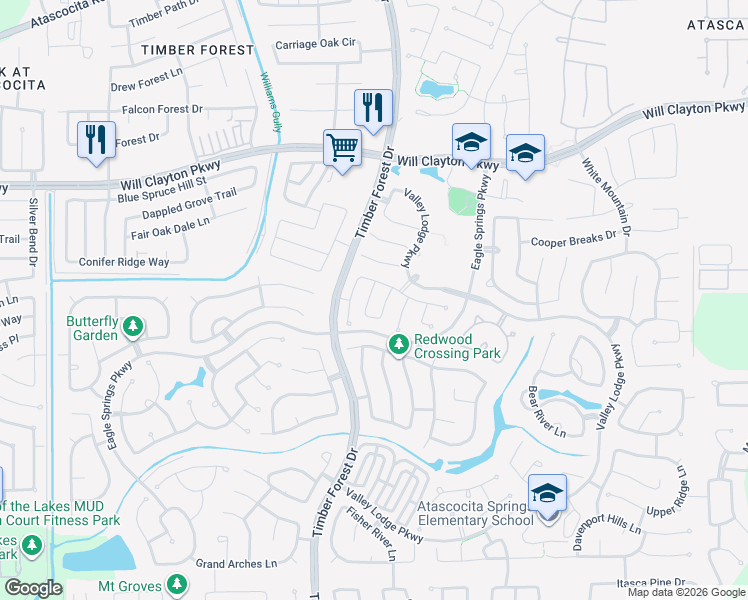 map of restaurants, bars, coffee shops, grocery stores, and more near 17515 Kennesaw Mountain Lane in Humble