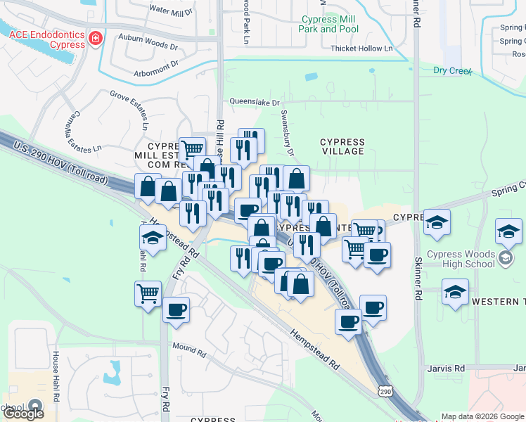 map of restaurants, bars, coffee shops, grocery stores, and more near U.S. 290 Frontage Road in Cypress