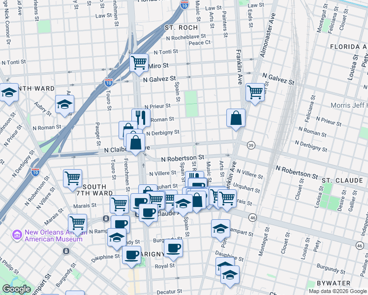 map of restaurants, bars, coffee shops, grocery stores, and more near 2329 North Robertson Street in New Orleans
