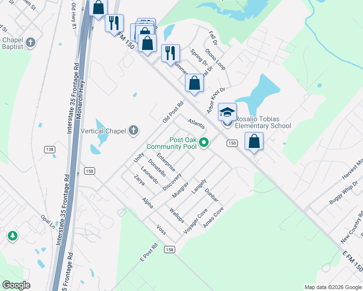 map of restaurants, bars, coffee shops, grocery stores, and more near 181 Endeavour in Kyle