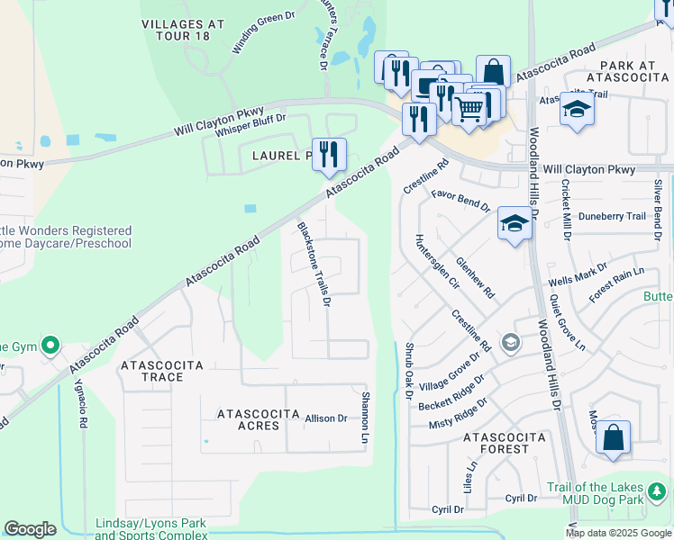 map of restaurants, bars, coffee shops, grocery stores, and more near 3215 Lauren Oaks Lane in Humble