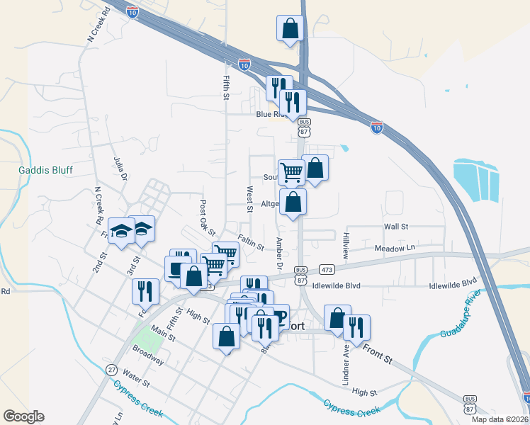 map of restaurants, bars, coffee shops, grocery stores, and more near 211 Amber Drive in Comfort