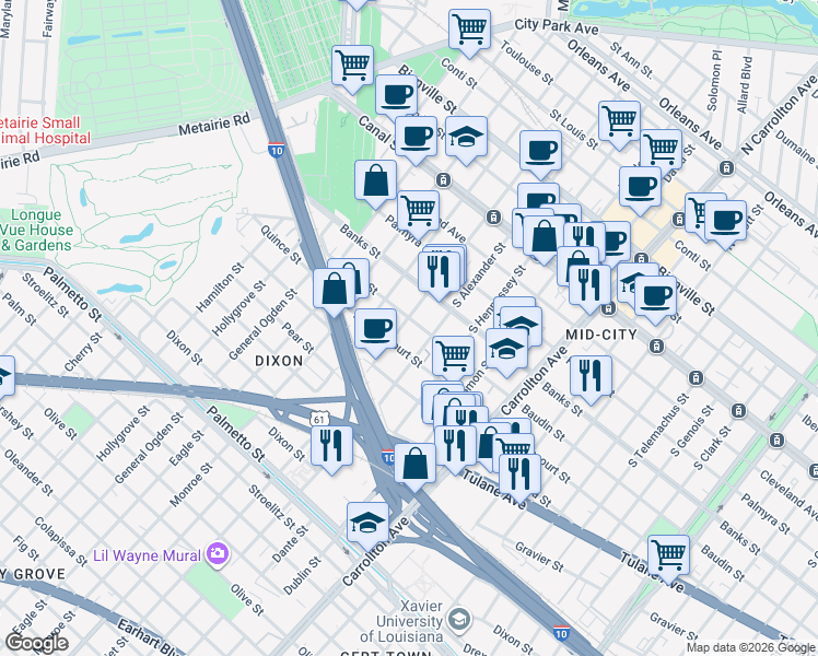 map of restaurants, bars, coffee shops, grocery stores, and more near 527 South Alexander Street in New Orleans
