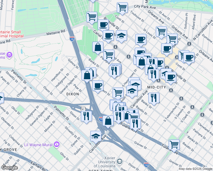 map of restaurants, bars, coffee shops, grocery stores, and more near 527 South Alexander Street in New Orleans