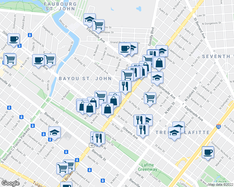 map of restaurants, bars, coffee shops, grocery stores, and more near 2743 Dumaine Street in New Orleans