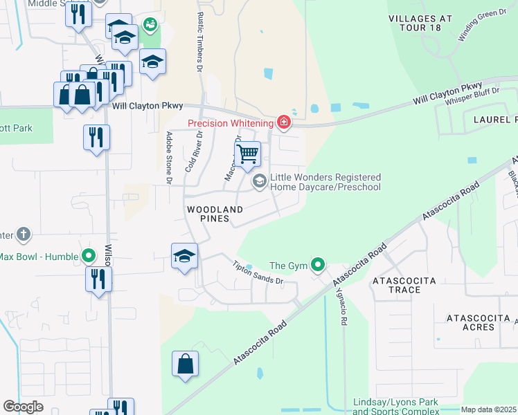 map of restaurants, bars, coffee shops, grocery stores, and more near 9535 Barr Spring Drive in Humble