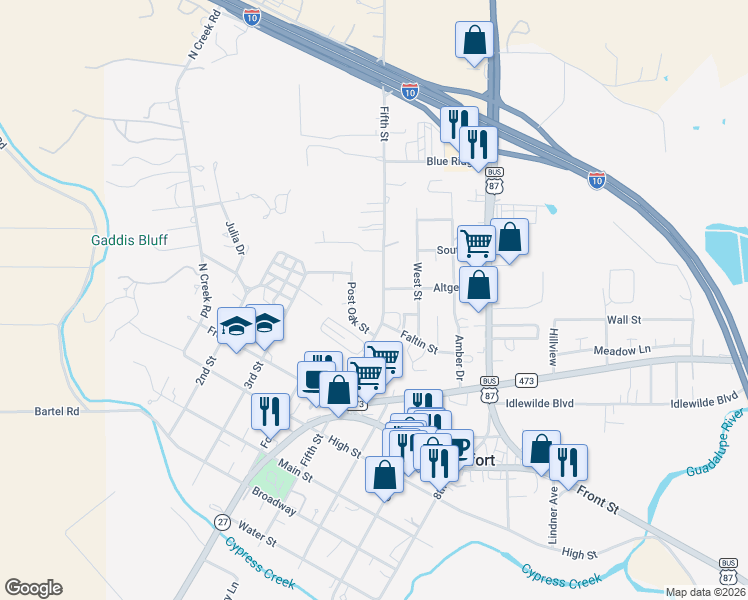 map of restaurants, bars, coffee shops, grocery stores, and more near 705 5th Street in Comfort
