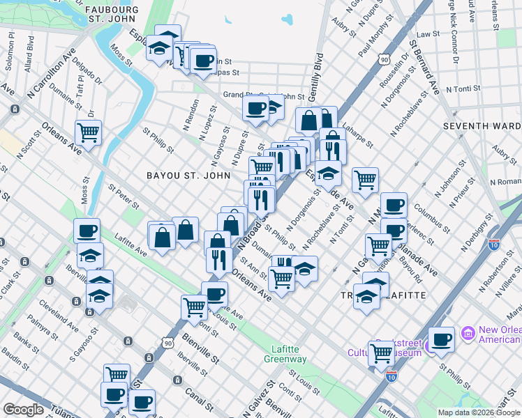 map of restaurants, bars, coffee shops, grocery stores, and more near 1025 North Broad Street in New Orleans