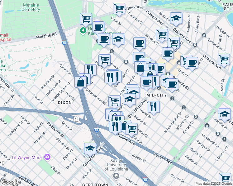 map of restaurants, bars, coffee shops, grocery stores, and more near 4314 Banks Street in New Orleans