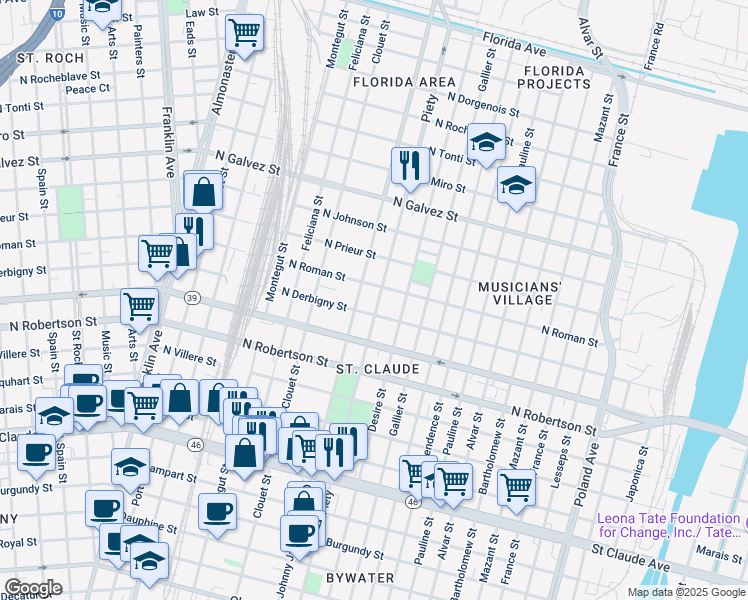 map of restaurants, bars, coffee shops, grocery stores, and more near 1635 Louisa Street in New Orleans