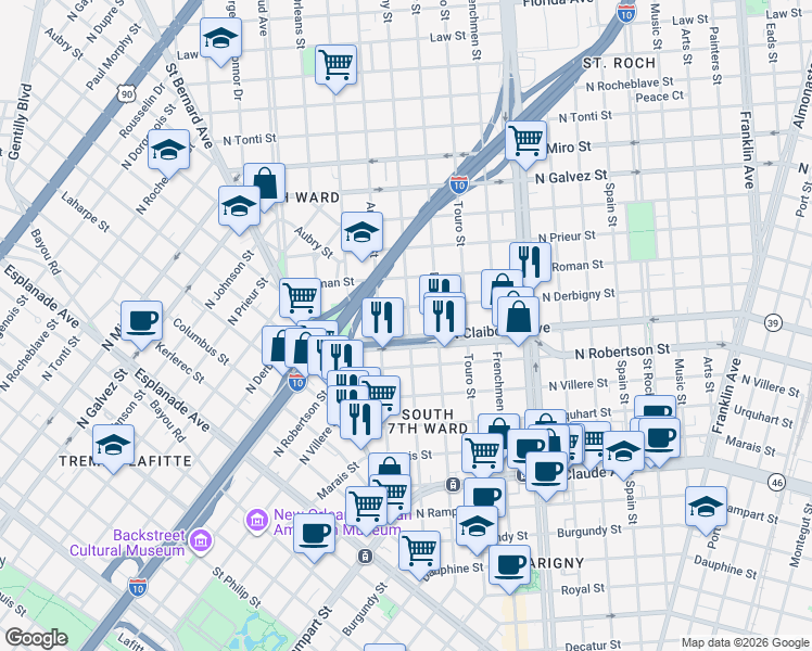 map of restaurants, bars, coffee shops, grocery stores, and more near 1814 North Claiborne Avenue in New Orleans