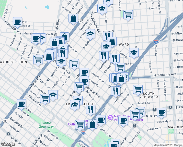 map of restaurants, bars, coffee shops, grocery stores, and more near 2022 Kerlerec Street in New Orleans