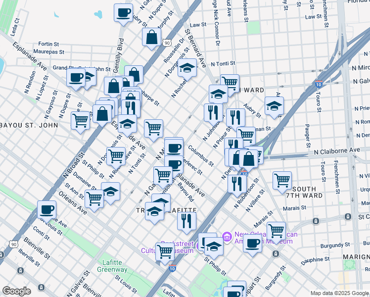 map of restaurants, bars, coffee shops, grocery stores, and more near 2022 Kerlerec Street in New Orleans