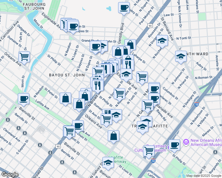 map of restaurants, bars, coffee shops, grocery stores, and more near 2628 Ursulines Avenue in New Orleans