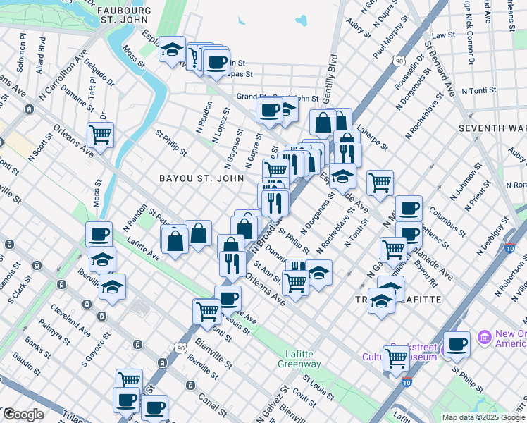 map of restaurants, bars, coffee shops, grocery stores, and more near 945 U.S. 90 in New Orleans