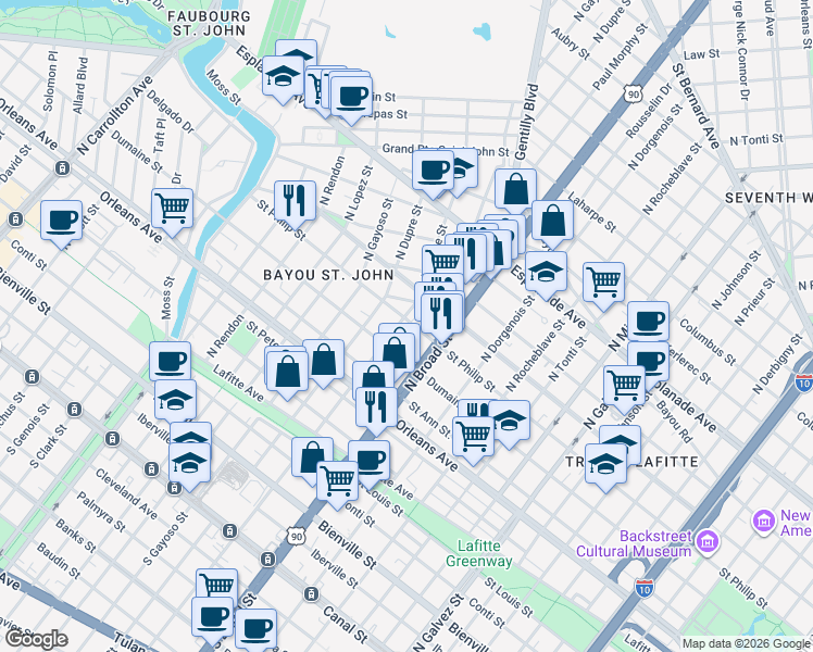 map of restaurants, bars, coffee shops, grocery stores, and more near 2743 Dumaine Street in New Orleans