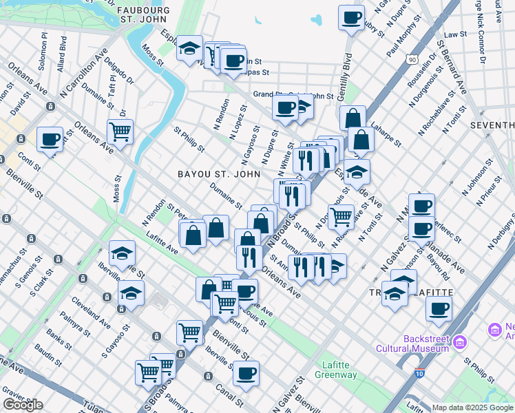 map of restaurants, bars, coffee shops, grocery stores, and more near 2743 Dumaine Street in New Orleans