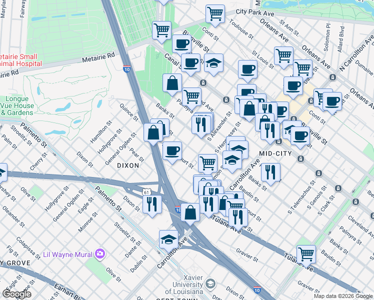 map of restaurants, bars, coffee shops, grocery stores, and more near 527 South Alexander Street in New Orleans