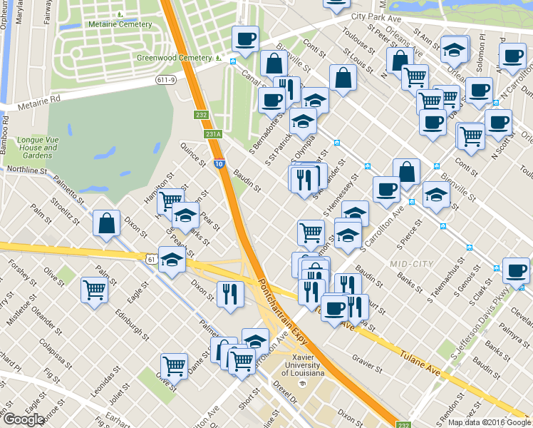 map of restaurants, bars, coffee shops, grocery stores, and more near 639 South Murat Street in New Orleans