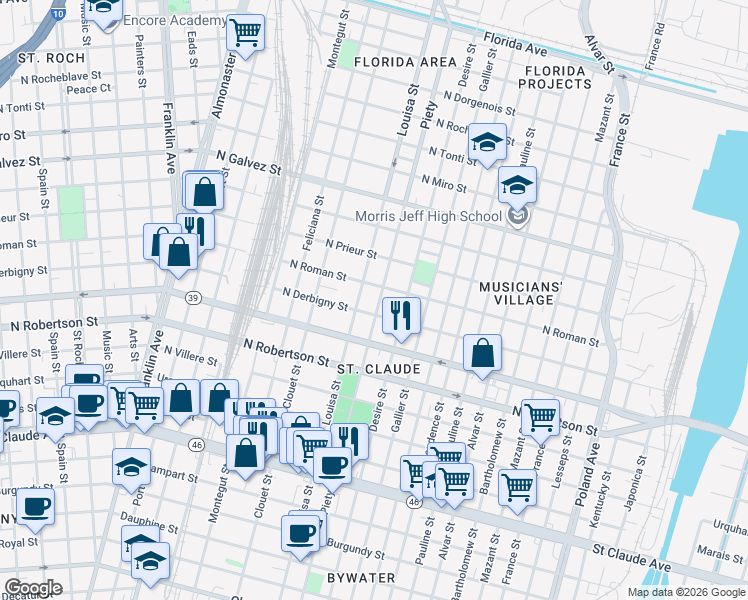 map of restaurants, bars, coffee shops, grocery stores, and more near 1635 Louisa Street in New Orleans