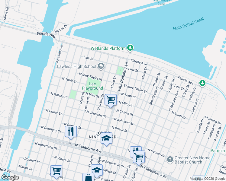 map of restaurants, bars, coffee shops, grocery stores, and more near 4 Caffin Avenue in New Orleans