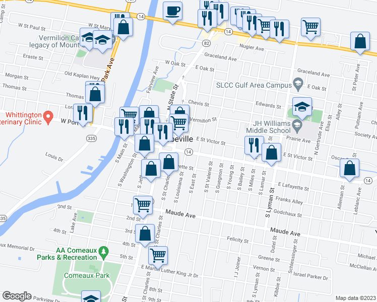 map of restaurants, bars, coffee shops, grocery stores, and more near 108 North Louisiana Street in Abbeville