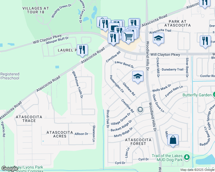 map of restaurants, bars, coffee shops, grocery stores, and more near 3618 Drawbridge Drive in Humble