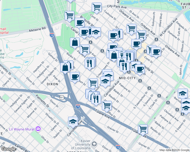 map of restaurants, bars, coffee shops, grocery stores, and more near 4401 Banks Street in New Orleans