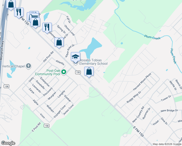 map of restaurants, bars, coffee shops, grocery stores, and more near 136 Lakeview Court in Kyle