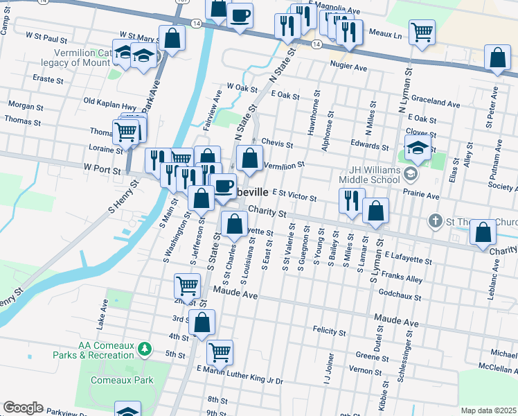 map of restaurants, bars, coffee shops, grocery stores, and more near 108 North Louisiana Street in Abbeville