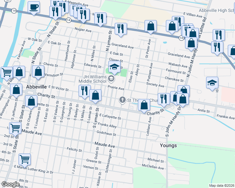 map of restaurants, bars, coffee shops, grocery stores, and more near 318 North Gertrude Street in Abbeville
