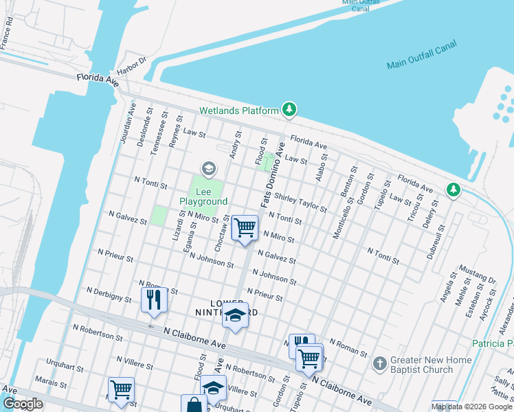 map of restaurants, bars, coffee shops, grocery stores, and more near 49386 Flood Street in New Orleans