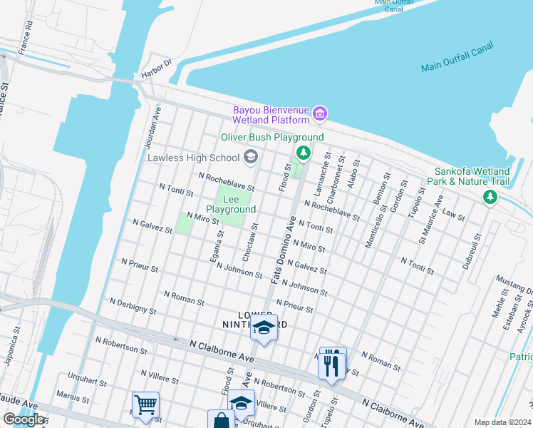 map of restaurants, bars, coffee shops, grocery stores, and more near 5430 North Rocheblave Street in New Orleans