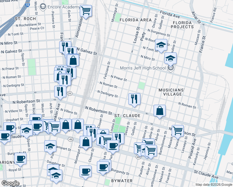 map of restaurants, bars, coffee shops, grocery stores, and more near 1800 Louisa Street in New Orleans
