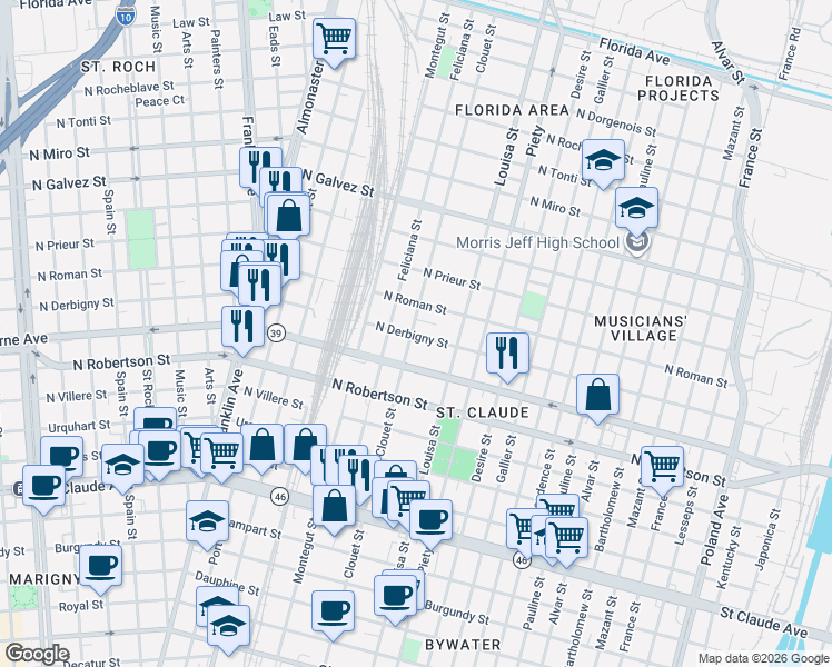 map of restaurants, bars, coffee shops, grocery stores, and more near 1731 Clouet Street in New Orleans