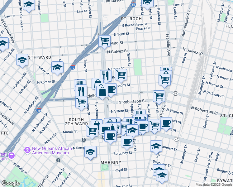 map of restaurants, bars, coffee shops, grocery stores, and more near 2250 North Derbigny Street in New Orleans