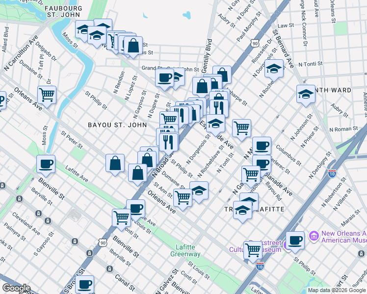 map of restaurants, bars, coffee shops, grocery stores, and more near in New Orleans