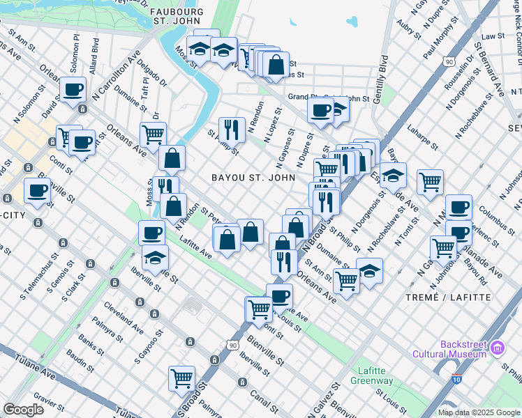 map of restaurants, bars, coffee shops, grocery stores, and more near 928 North Gayoso Street in New Orleans