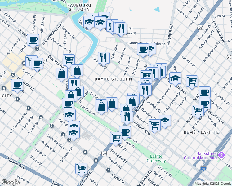 map of restaurants, bars, coffee shops, grocery stores, and more near in New Orleans