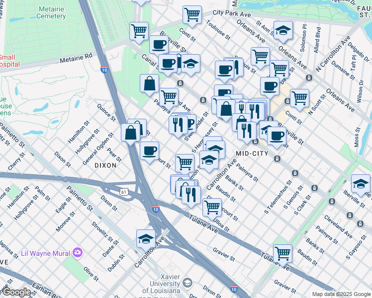 map of restaurants, bars, coffee shops, grocery stores, and more near 4401 Banks Street in New Orleans