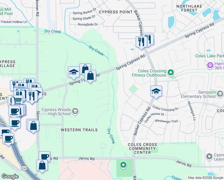map of restaurants, bars, coffee shops, grocery stores, and more near 16727 Allemand Lane in Cypress