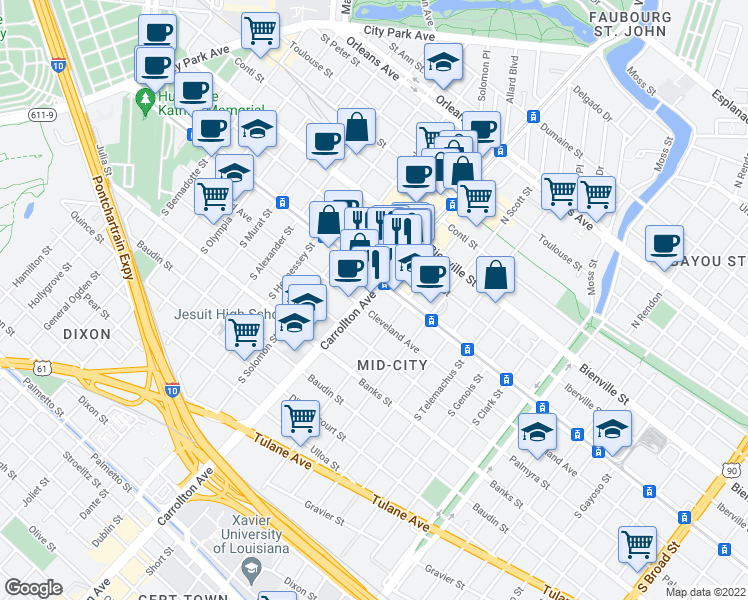 map of restaurants, bars, coffee shops, grocery stores, and more near 4724 South Carrollton Avenue in New Orleans