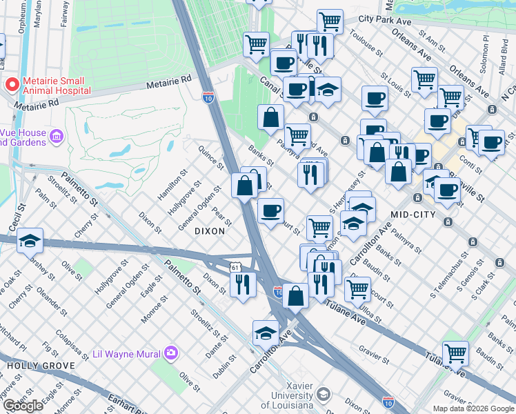 map of restaurants, bars, coffee shops, grocery stores, and more near 4624 D Hemecourt Street in New Orleans
