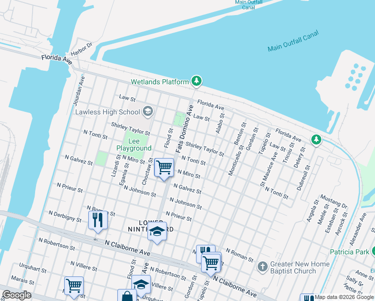 map of restaurants, bars, coffee shops, grocery stores, and more near 2408 Lamanche Street in New Orleans