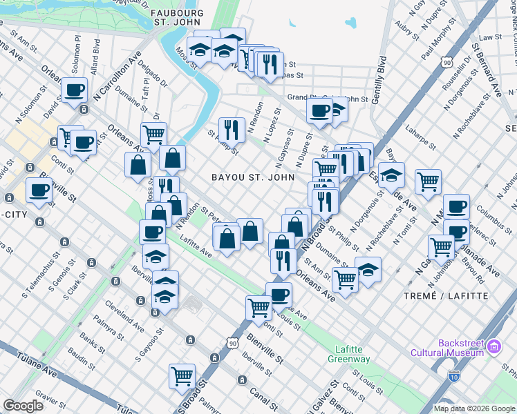 map of restaurants, bars, coffee shops, grocery stores, and more near in New Orleans